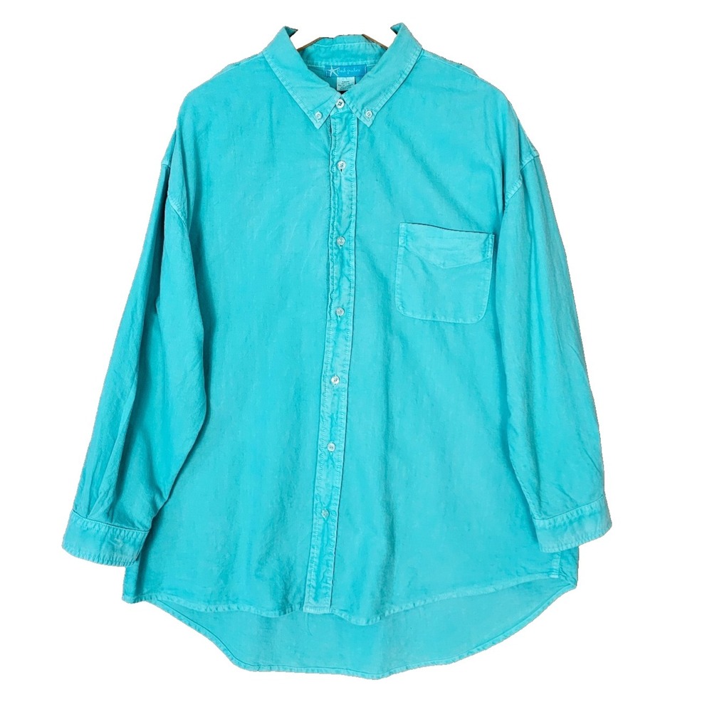 Fresh Produce Womens 1X Button Down Shirt Sunwashed Green Oxford Cloth Cotton